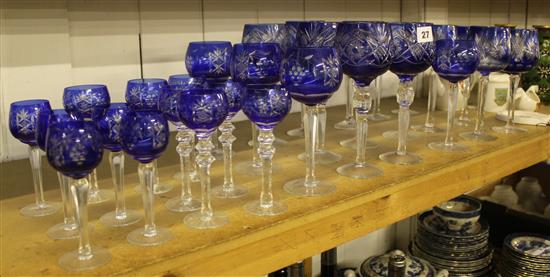 Selection of blue cut glass wine glasses